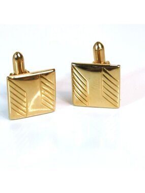 Vintage Gold Tone Square Cufflinks Chevron Engraved Mid Century